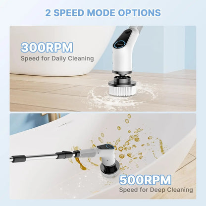 Dovety Powerspin Electric Scrubber, Cordless Shower Scrubber, Cleaning Brush, with 8 Replaceable Brush Heads and 3 Adjustable Extension Handle, 2 Adjustable Speeds for Bathroom, Kitchen, Tub, Tile, Floor, Toilet, Household Cleaning Supplies