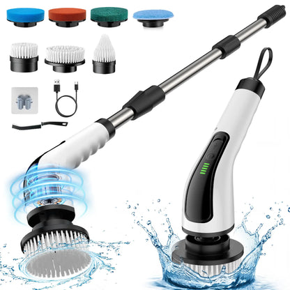 Dovety Powerspin Electric Scrubber, Cordless Shower Scrubber, Cleaning Brush, with 8 Replaceable Brush Heads and 3 Adjustable Extension Handle, 2 Adjustable Speeds for Bathroom, Kitchen, Tub, Tile, Floor, Toilet, Household Cleaning Supplies