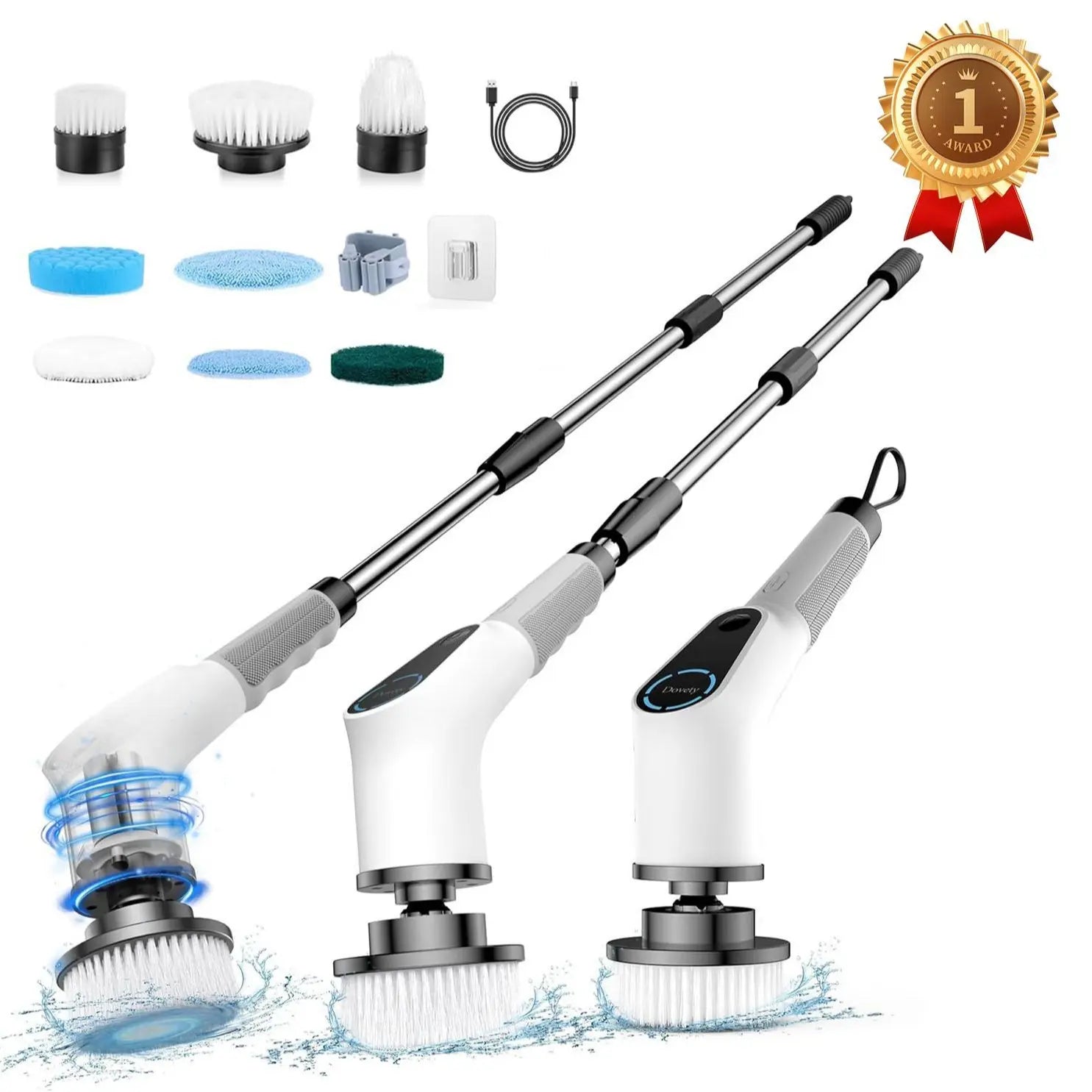 Dovety Powerspin Electric Scrubber, Cordless Shower Scrubber, Cleaning Brush, with 8 Replaceable Brush Heads and 3 Adjustable Extension Handle, 2 Adjustable Speeds for Bathroom, Kitchen, Tub, Tile, Floor, Toilet, Household Cleaning Supplies