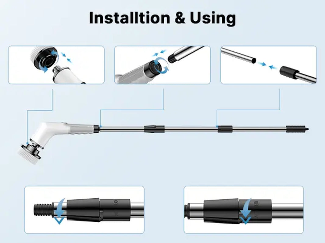 Dovety Powerspin Electric Scrubber, Cordless Shower Scrubber, Cleaning Brush, with 8 Replaceable Brush Heads and 3 Adjustable Extension Handle, 2 Adjustable Speeds for Bathroom, Kitchen, Tub, Tile, Floor, Toilet, Household Cleaning Supplies